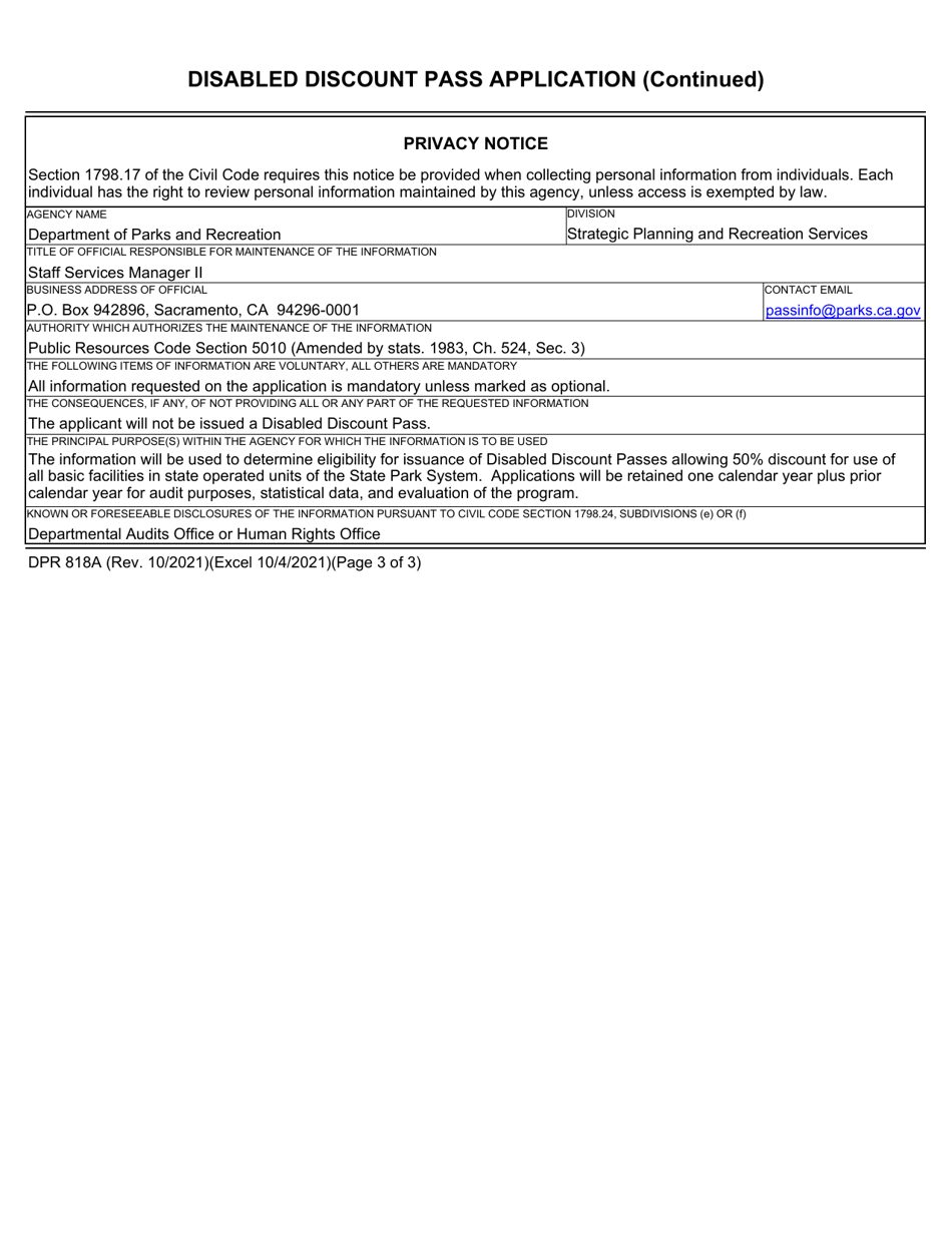 Form DPR818A Disabled Discount Pass Application - California, Page 3