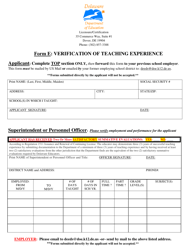 Document preview: Form E Verification of Teaching Experience - Delaware