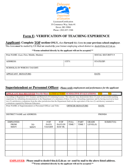 Form E Verification of Teaching Experience - Delaware