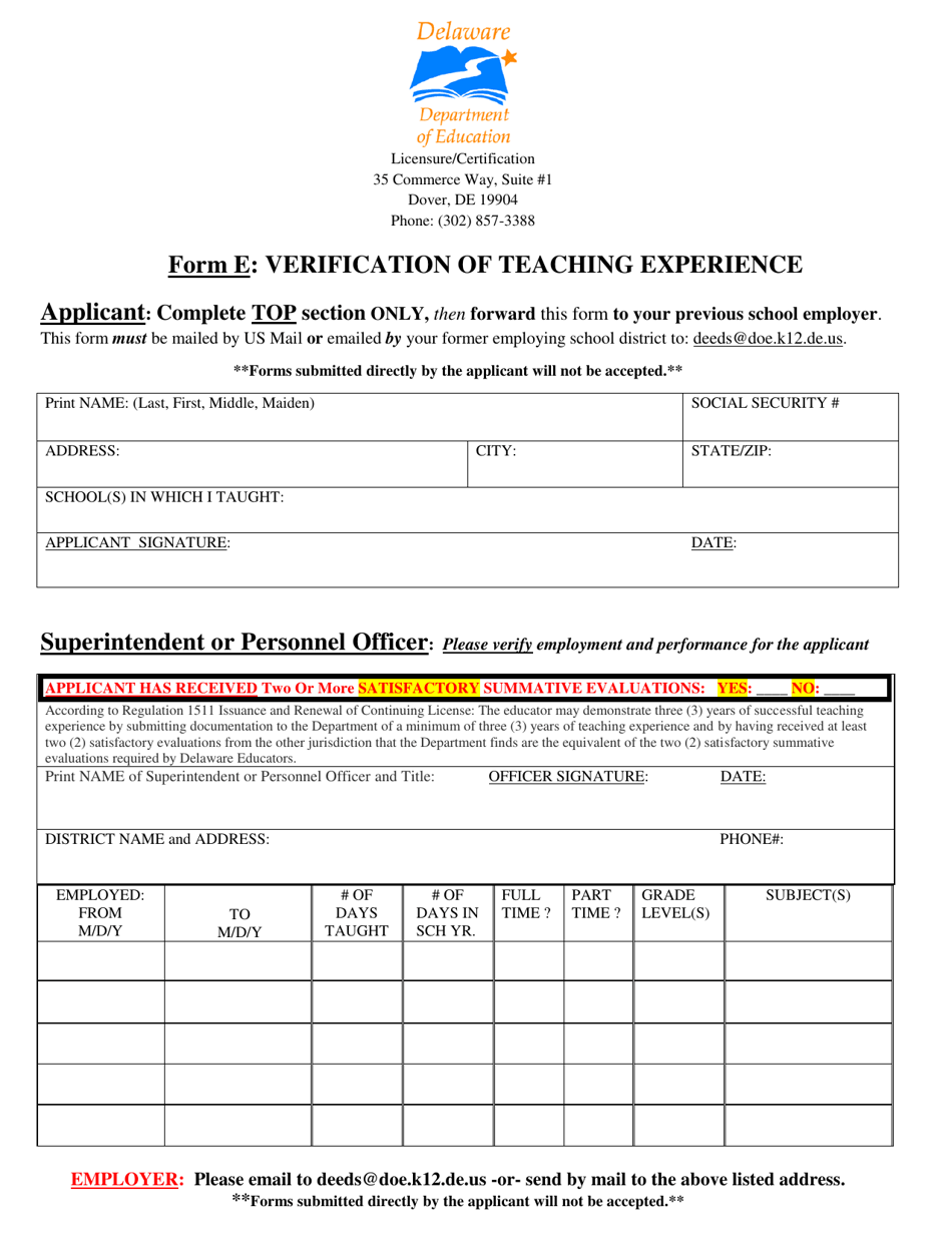Form E Verification of Teaching Experience - Delaware, Page 1