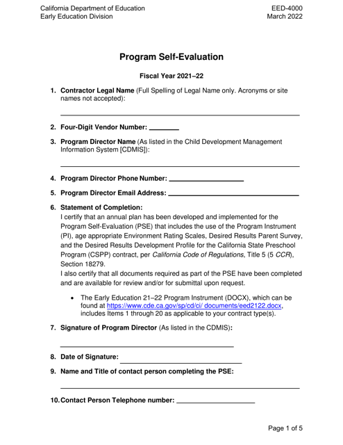 Form EED-4000 Program Self-evaluation Form - California, 2022
