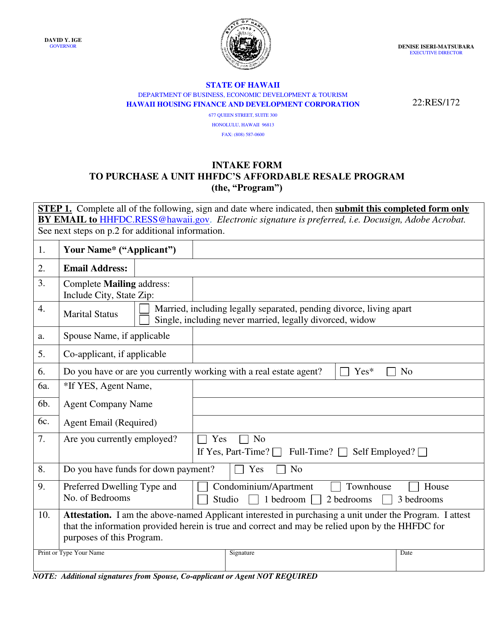 Intake Form to Purchase a Unit Hhfdc's Affordable Resale Program - Hawaii Download Pdf