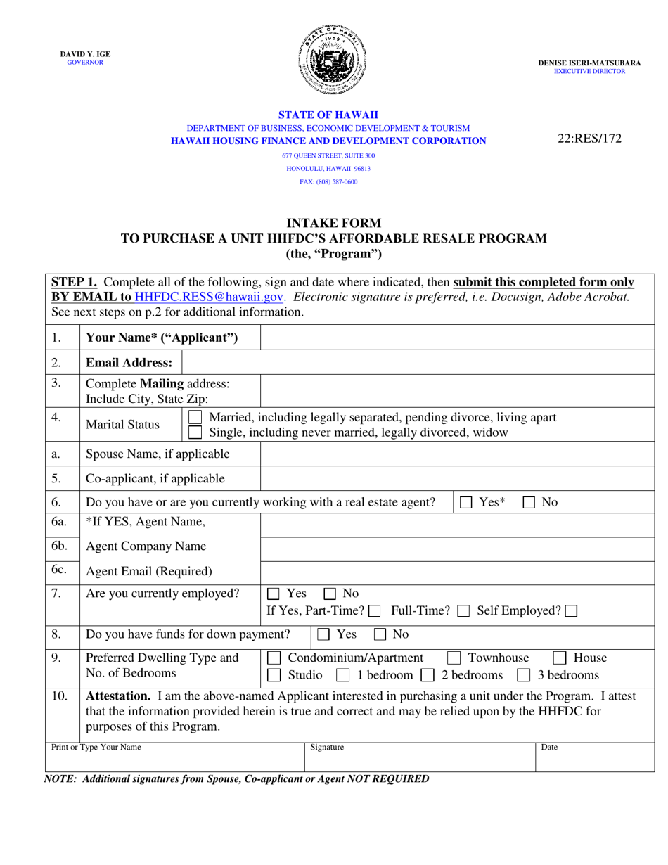 Intake Form to Purchase a Unit Hhfdc's Affordable Resale Program - Hawaii, Page 1