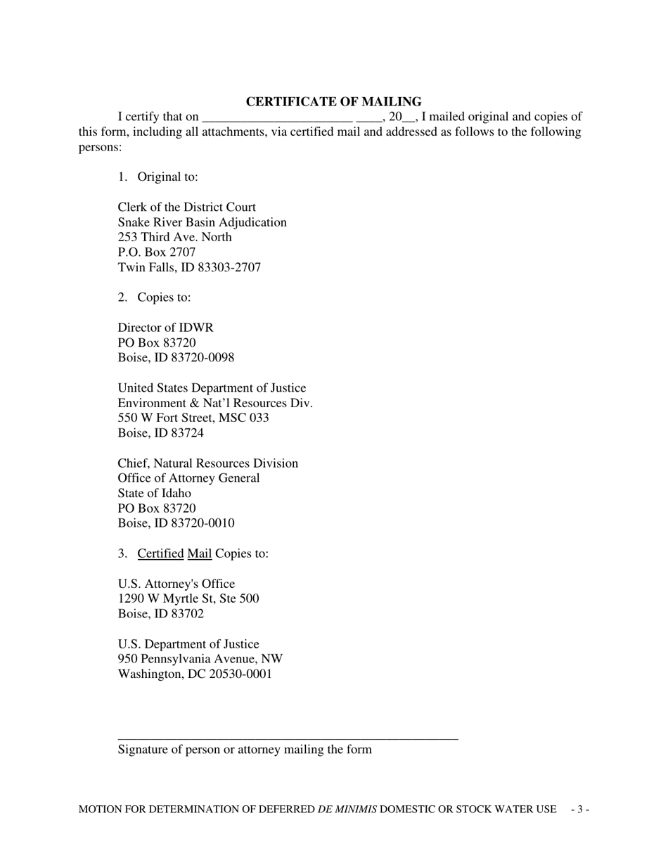 Motion for Determination of Deferred De Minimis Domestic or Stock Water Use - Idaho, Page 3