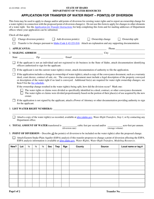 Application for Transfer of Water Right - Point(S) of Diversion - Idaho Download Pdf