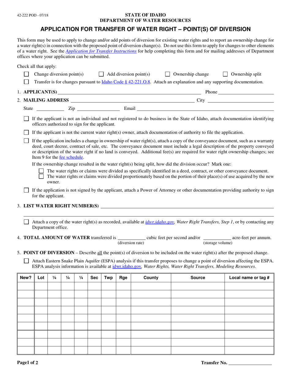 Application for Transfer of Water Right - Point(S) of Diversion - Idaho, Page 1