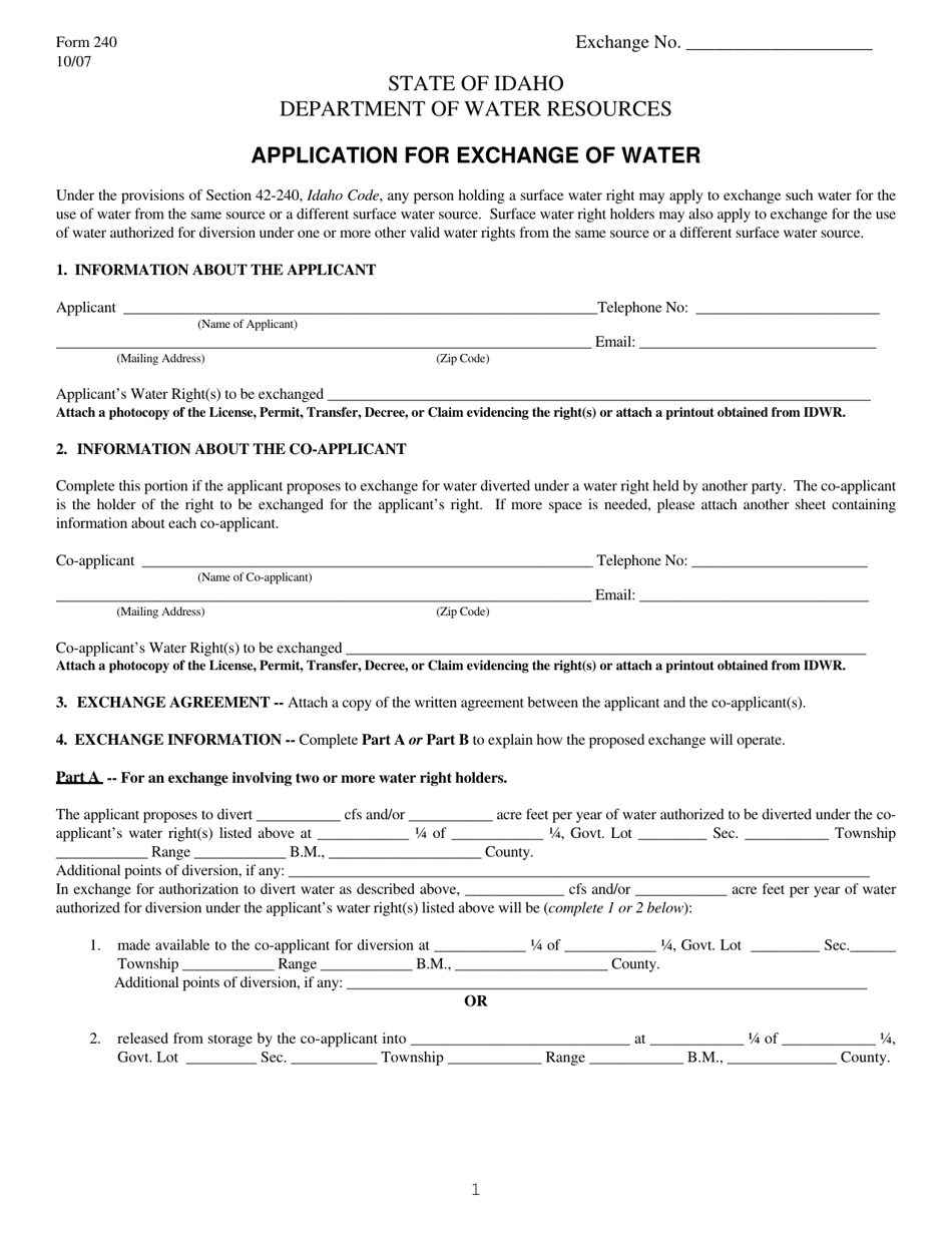 Form 240 Application for Exchange of Water - Idaho, Page 1