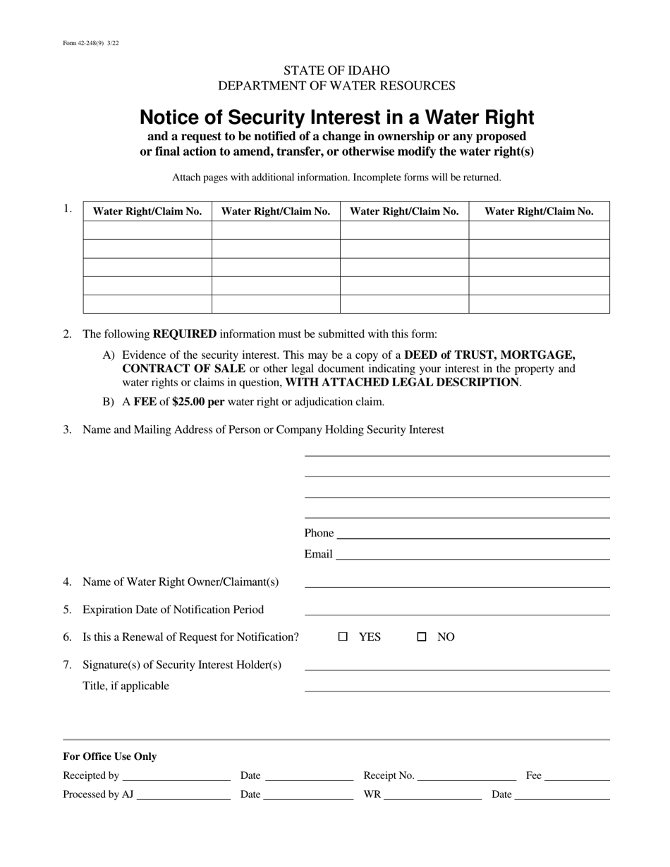 Form 42-248(9) Notice of Security Interest in a Water Right - Idaho, Page 1