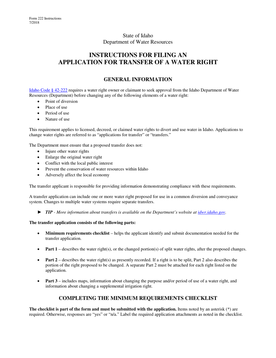 Instructions for Form 42-222 Application for Transfer of a Water Right - Idaho, Page 1