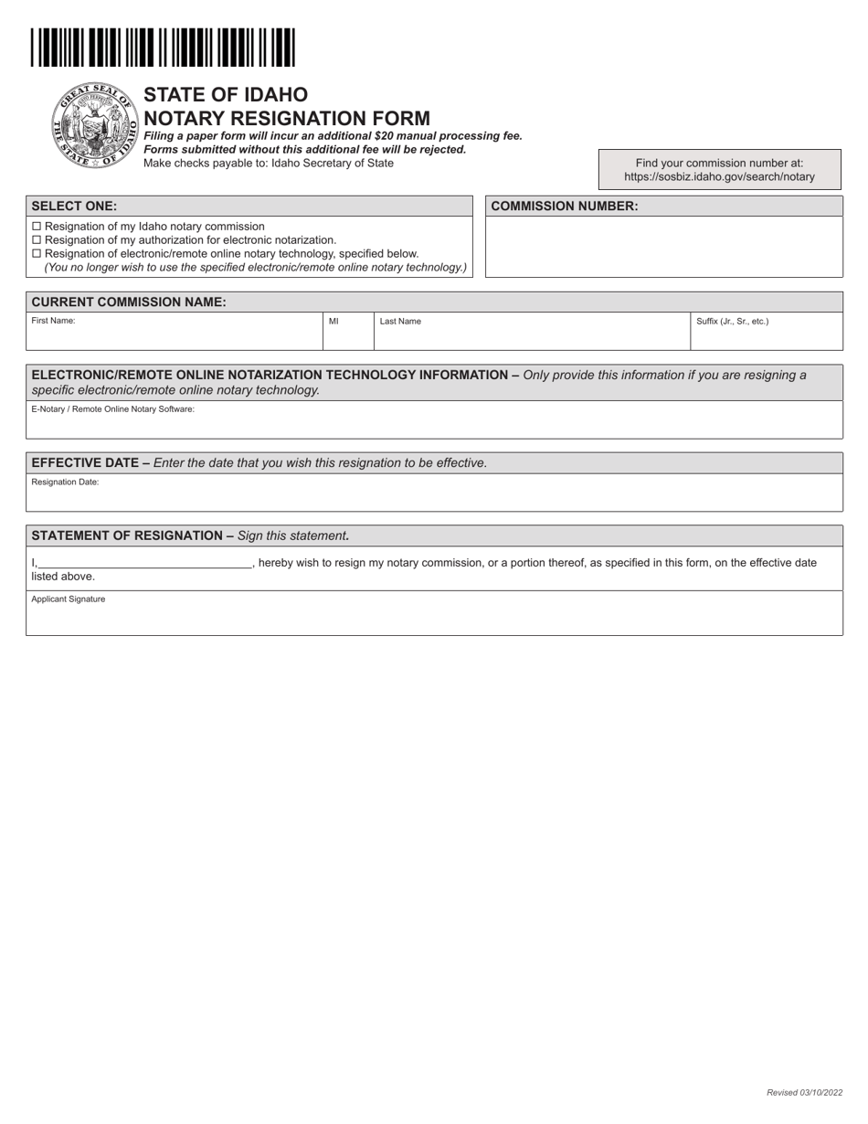 Notary Resignation Form - Idaho, Page 1