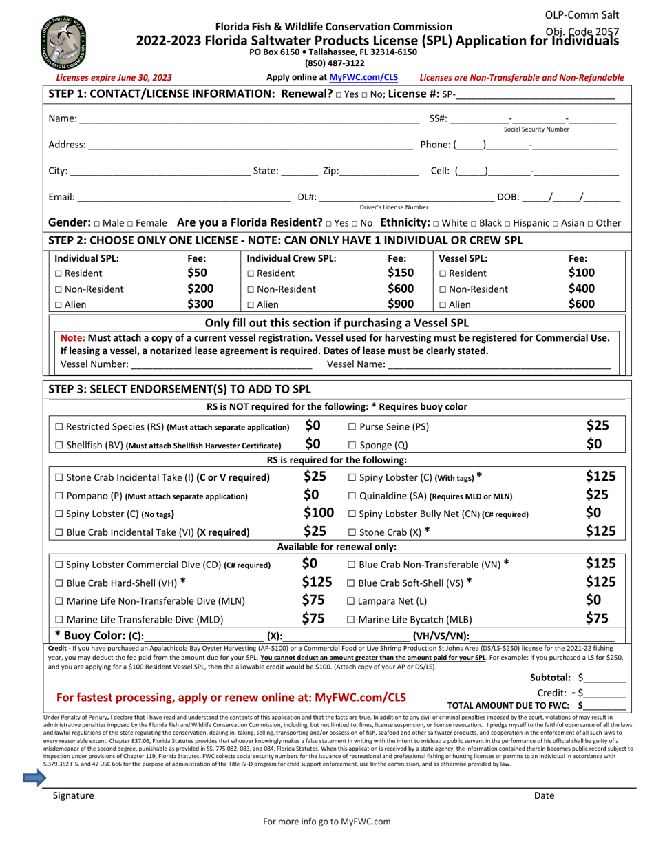 Florida Saltwater Products License (Spl) Application for Individuals - Florida, Page 1