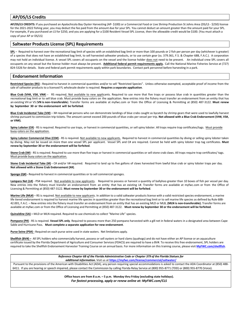 Florida Saltwater Products License (Spl) Application for Businesses - Florida, Page 2
