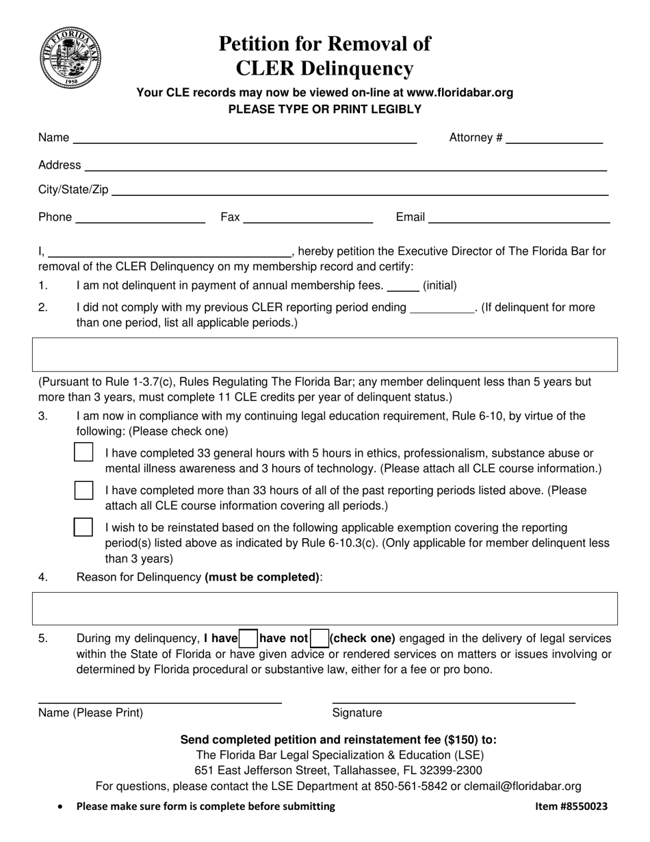 Petition for Removal of Cler Delinquency - Florida, Page 1