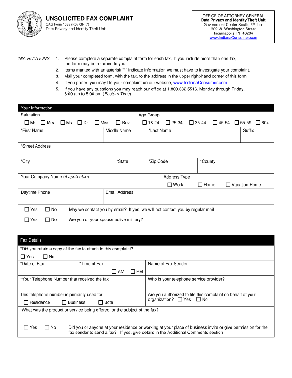OAG Form 1085 Unsolicited Fax Complaint - Indiana, Page 1