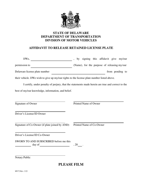 Form MV72 Affidavit to Release Retained License Plate - Delaware