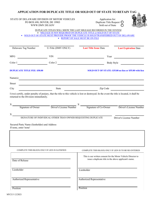 Form MV213 Application for Duplicate Title or Sold out of State to Retain Tag - Delaware