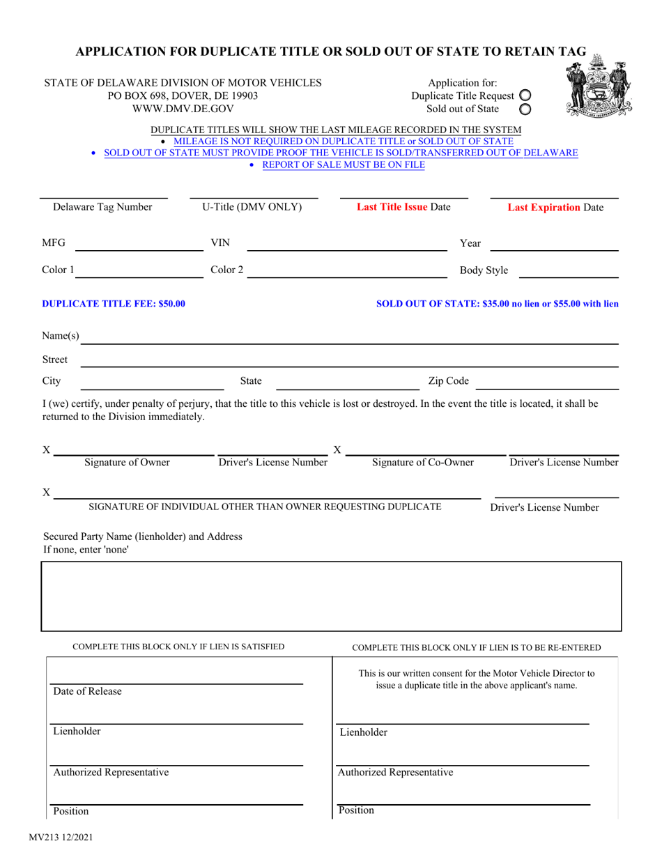 Form MV213 Application for Duplicate Title or Sold out of State to Retain Tag - Delaware, Page 1