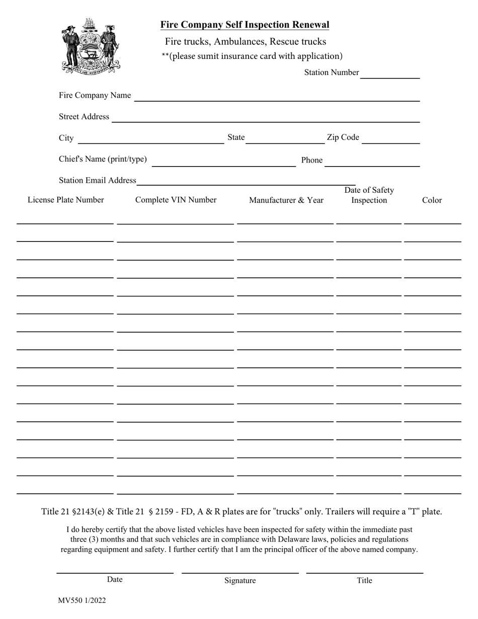 Form MV550 Fire Company Self Inspection Renewal - Delaware, Page 1