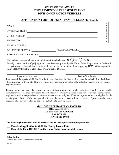 Application for Gold Star Family License Plate - Delaware Download Pdf