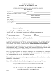 Application for Special Dav-Hp License Plates - Delaware