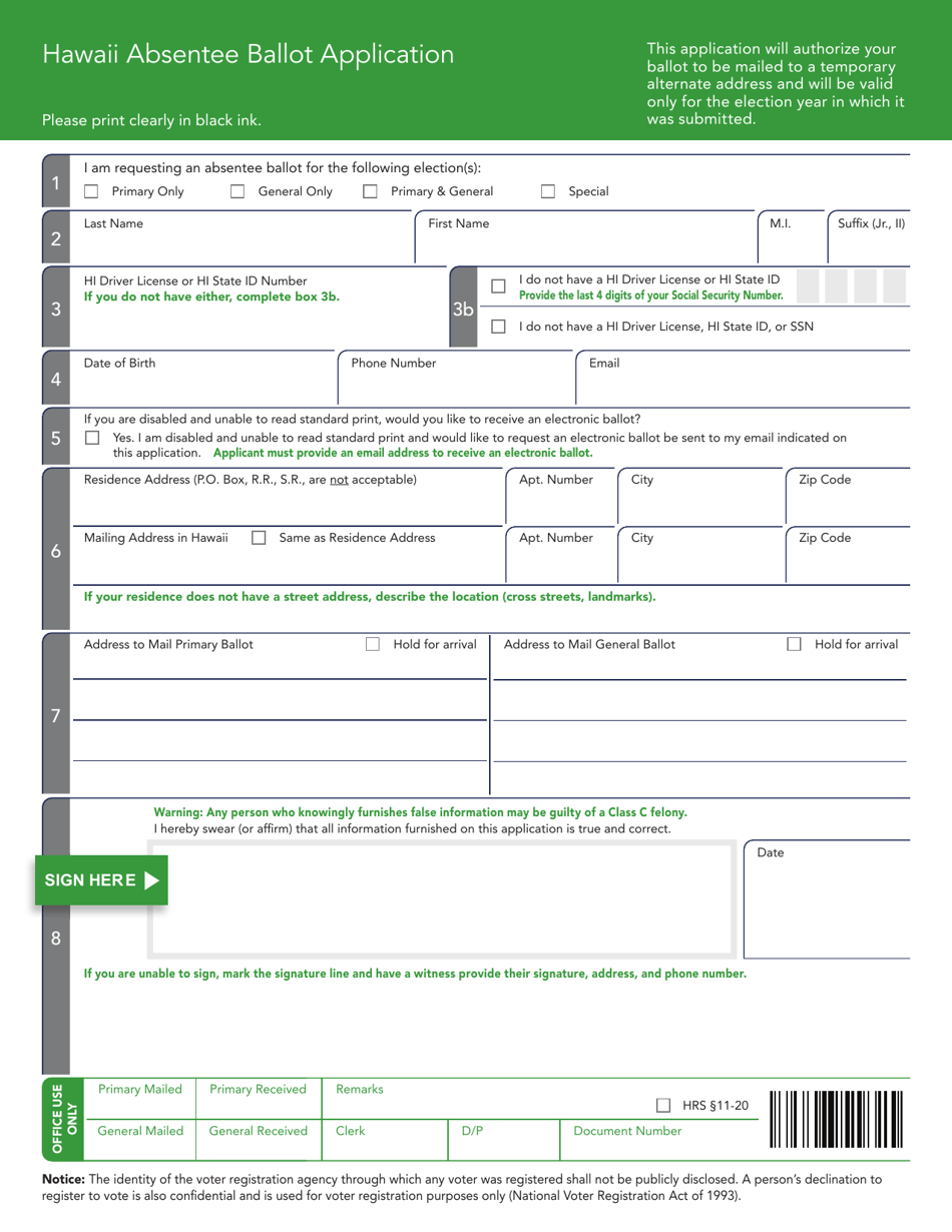 Hawaii Hawaii Absentee Ballot Application Download Fillable PDF ...