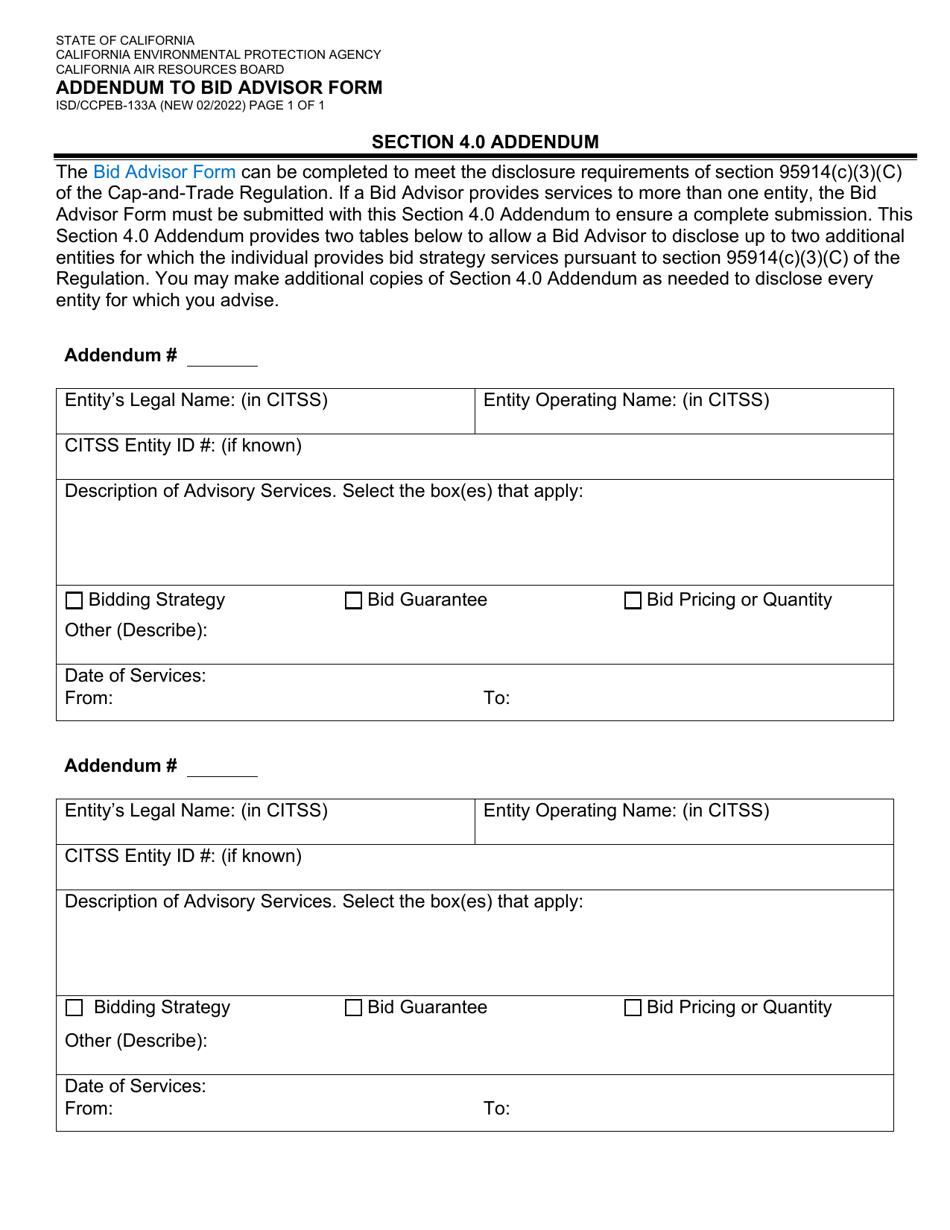 Form ISD / CCPEB-133A Addendum to Bid Advisor Form - California, Page 1
