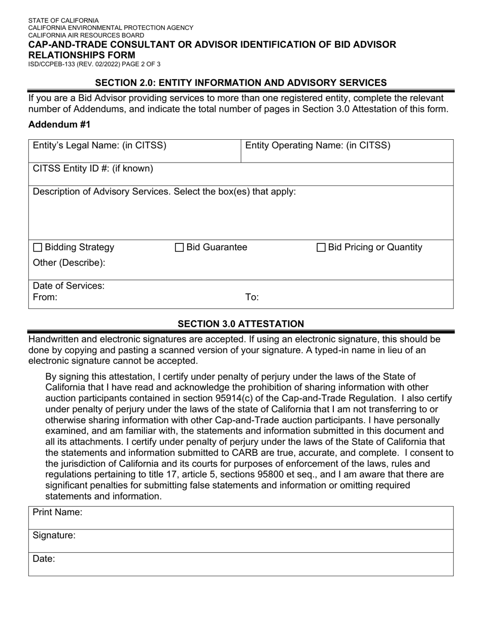 Form ISD / CCPEB-133 CAP-And-Trade Consultant or Advisor Identification of Bid Advisor Relationships Form - California, Page 2