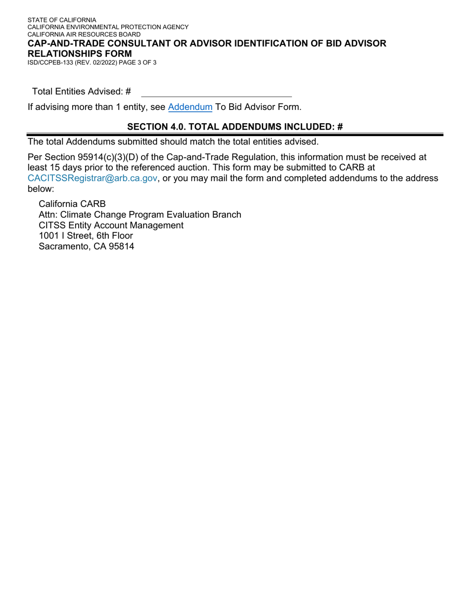 Form ISD / CCPEB-133 CAP-And-Trade Consultant or Advisor Identification of Bid Advisor Relationships Form - California, Page 3