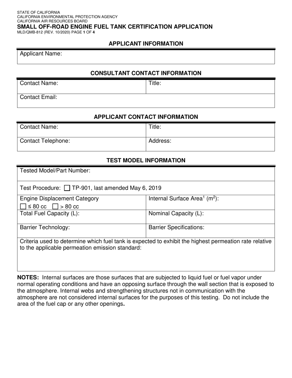 Form MLD / QMB-812 Small off-Road Engine Fuel Tank Certification Application - California, Page 1