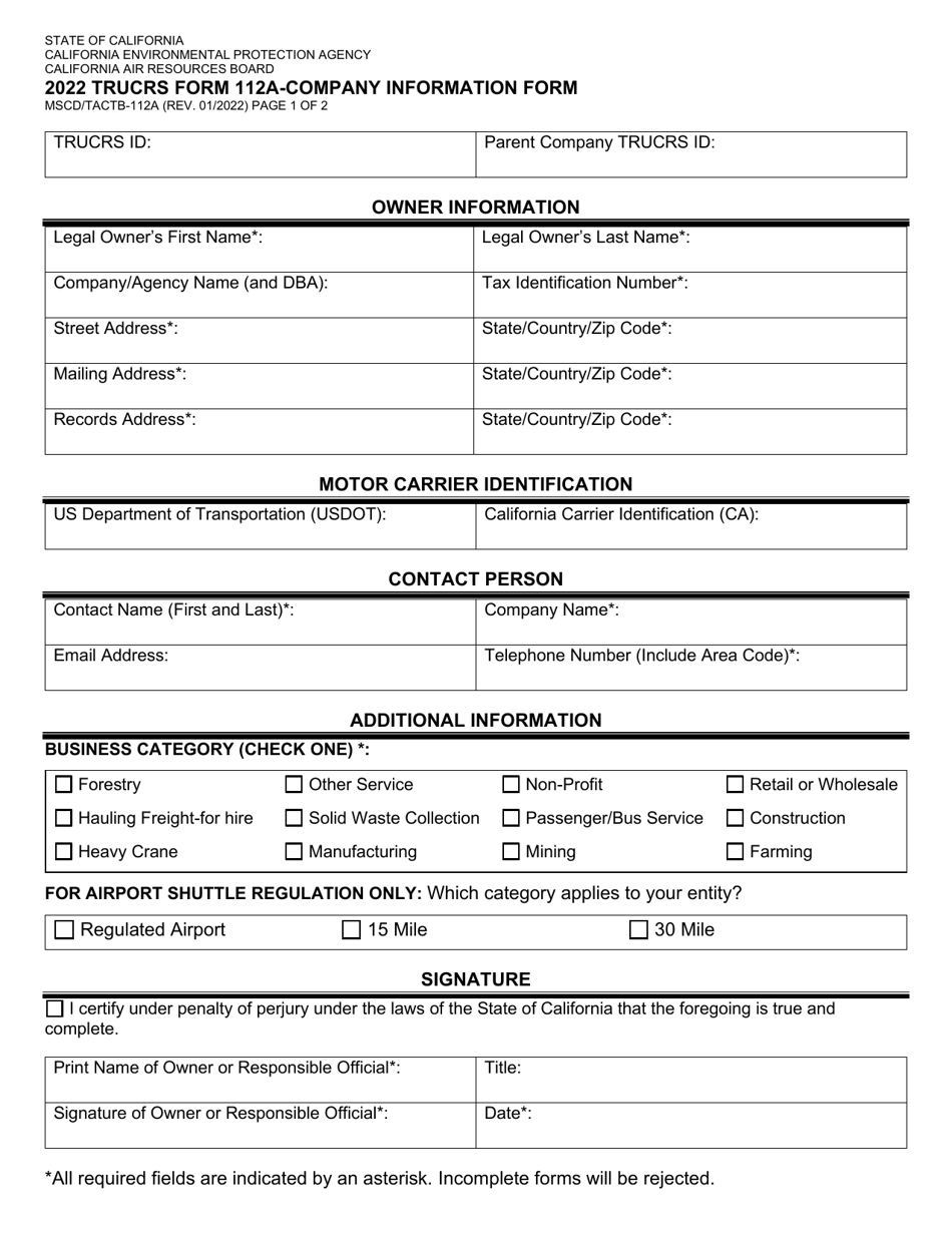 Form MSCD / TACTB-112A (TRUCRS Form 112A) Company Information Form - California, Page 1