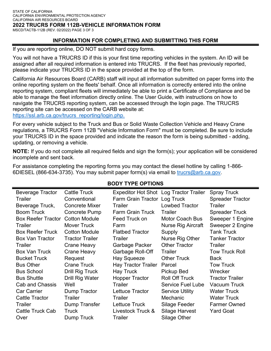 Form MSCD / TACTB-112B (TRUCRS Form 112B) Vehicle Information Form - California, Page 3