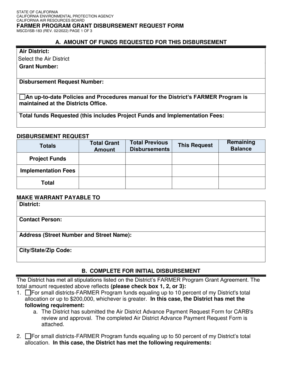Form MSCD / ISB-183 Farmer Program Grant Disbursement Request Form - California, Page 1