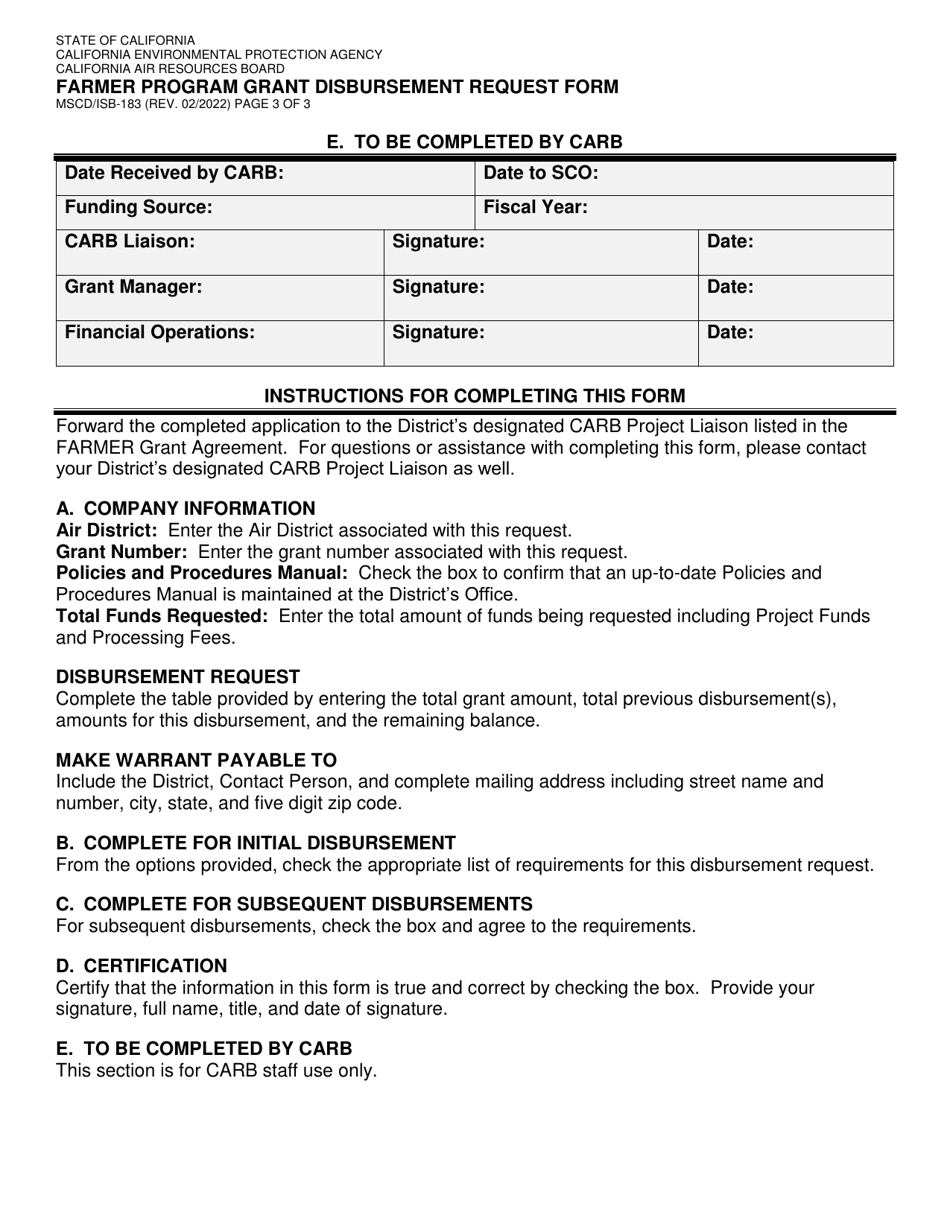 Form MSCD / ISB-183 Farmer Program Grant Disbursement Request Form - California, Page 3