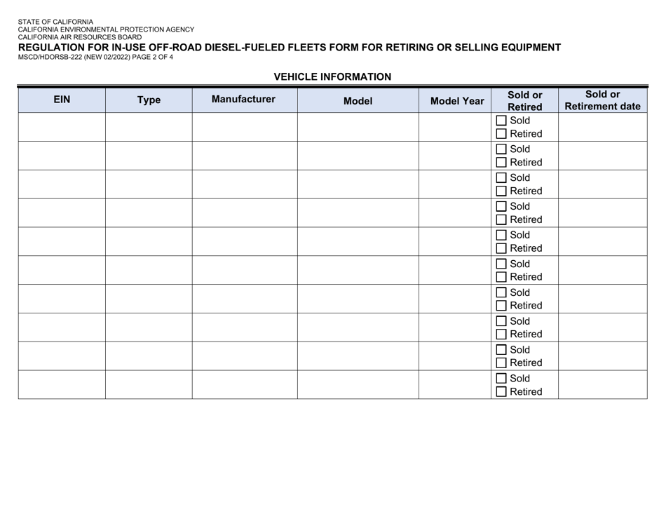 Form MSCD / HDORSB-222 Regulation for in-Use off-Road Diesel-Fueled Fleets Form for Retiring or Selling Equipment - California, Page 2