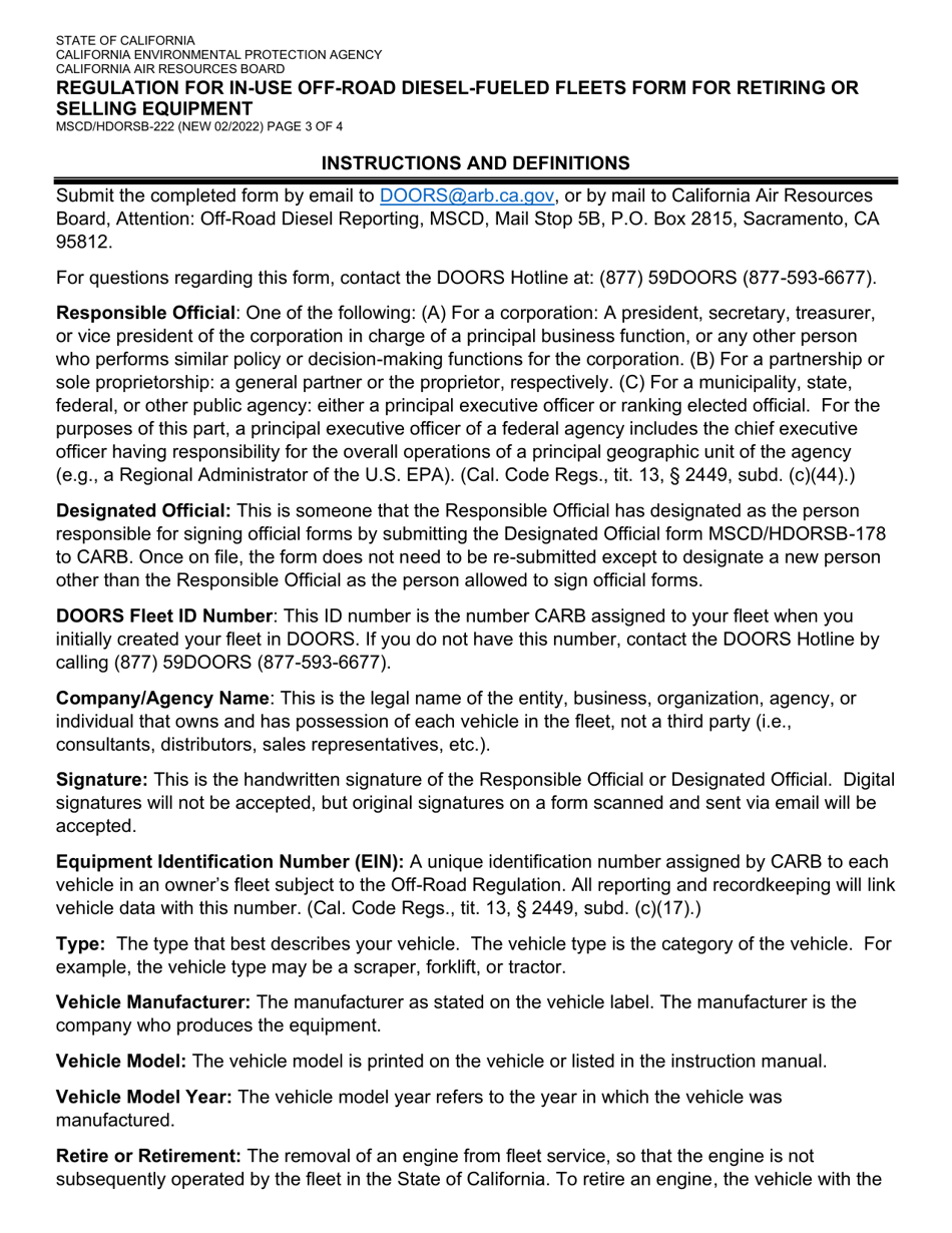 Form MSCD / HDORSB-222 Regulation for in-Use off-Road Diesel-Fueled Fleets Form for Retiring or Selling Equipment - California, Page 3