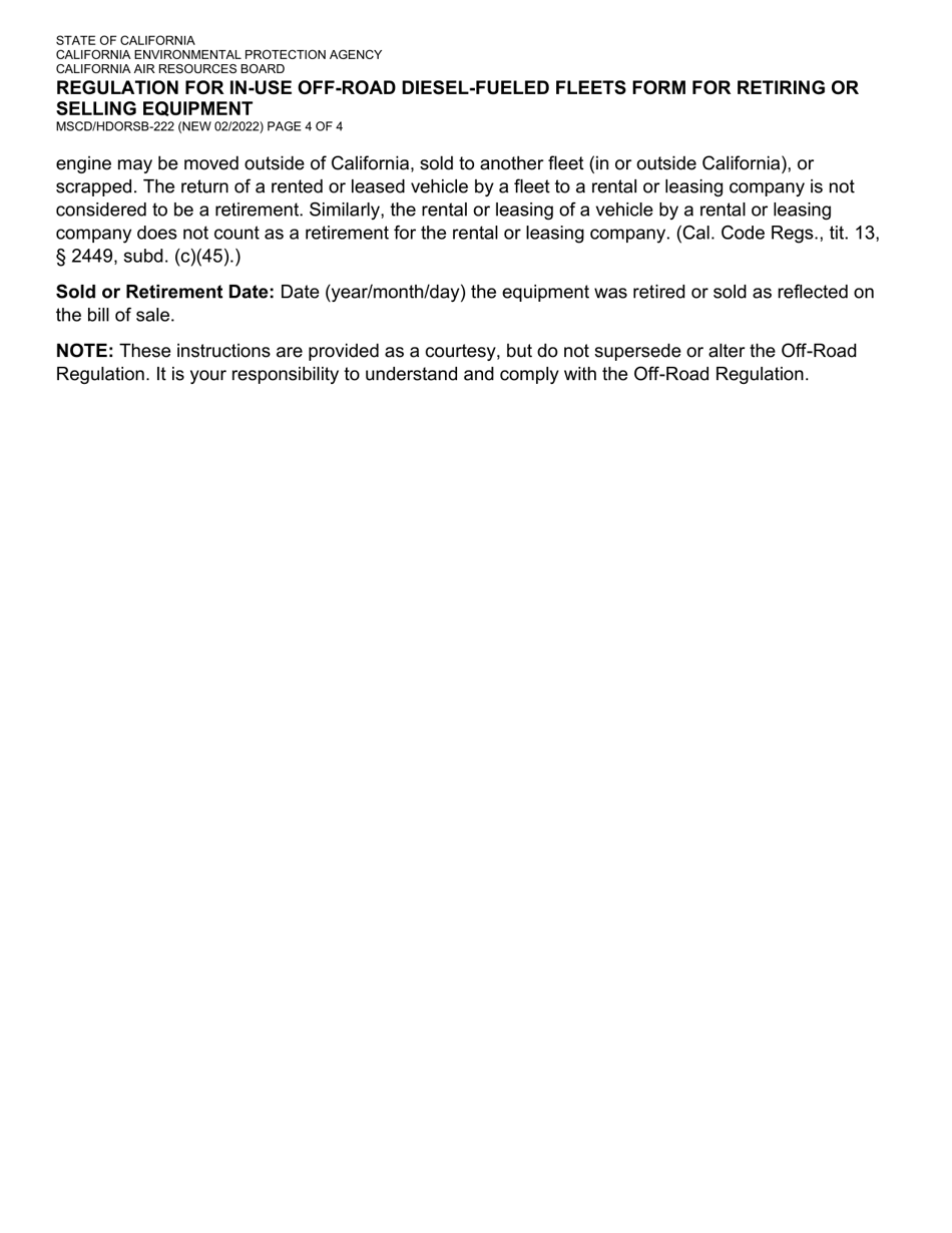 Form MSCD / HDORSB-222 Regulation for in-Use off-Road Diesel-Fueled Fleets Form for Retiring or Selling Equipment - California, Page 4