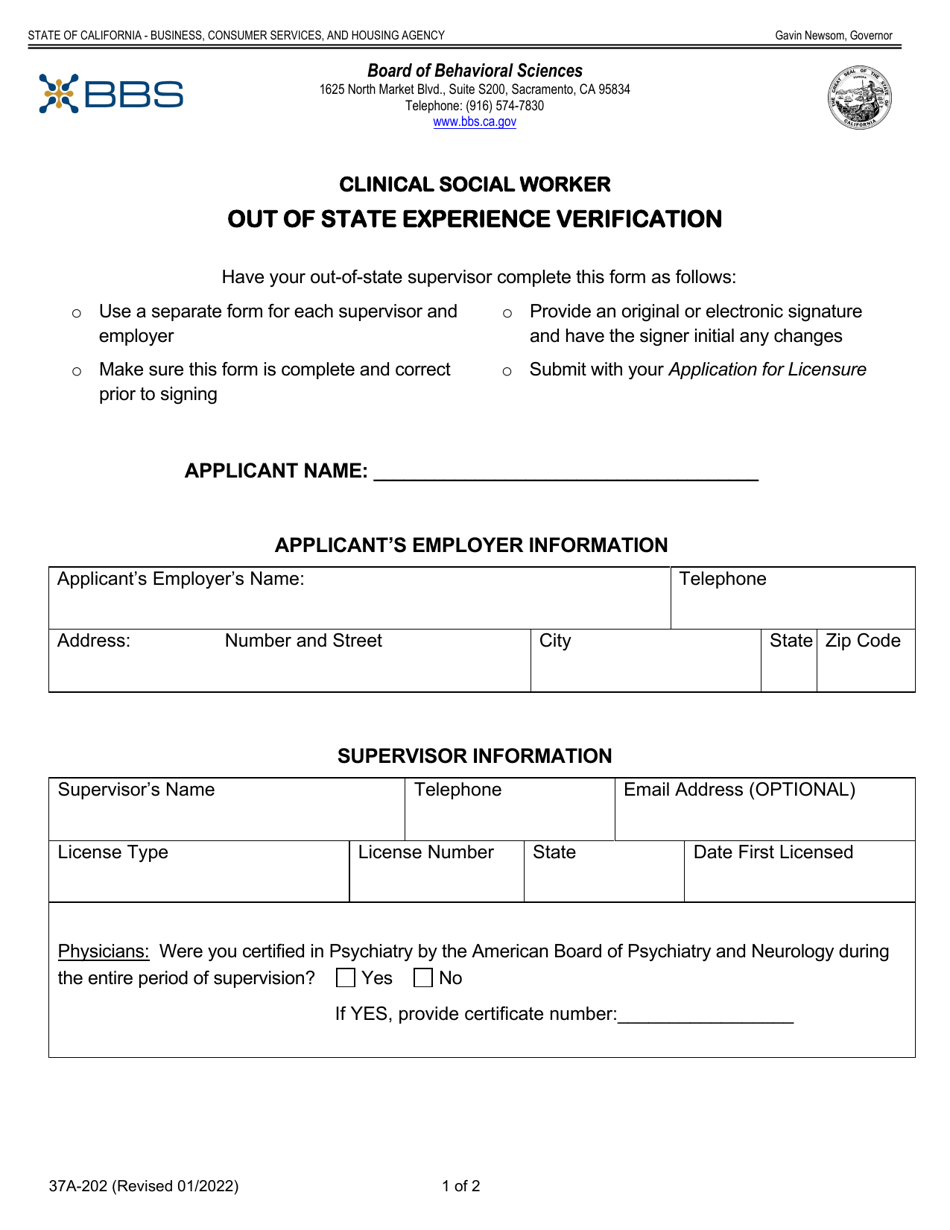 Form 37A-202 Clinical Social Worker out of State Experience Verification - California, Page 1