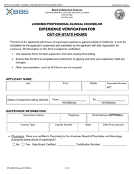 Document preview: Form 37A-668 Licensed Professional Clinical Counselor Experience Verification for Out-of-State Hours - California