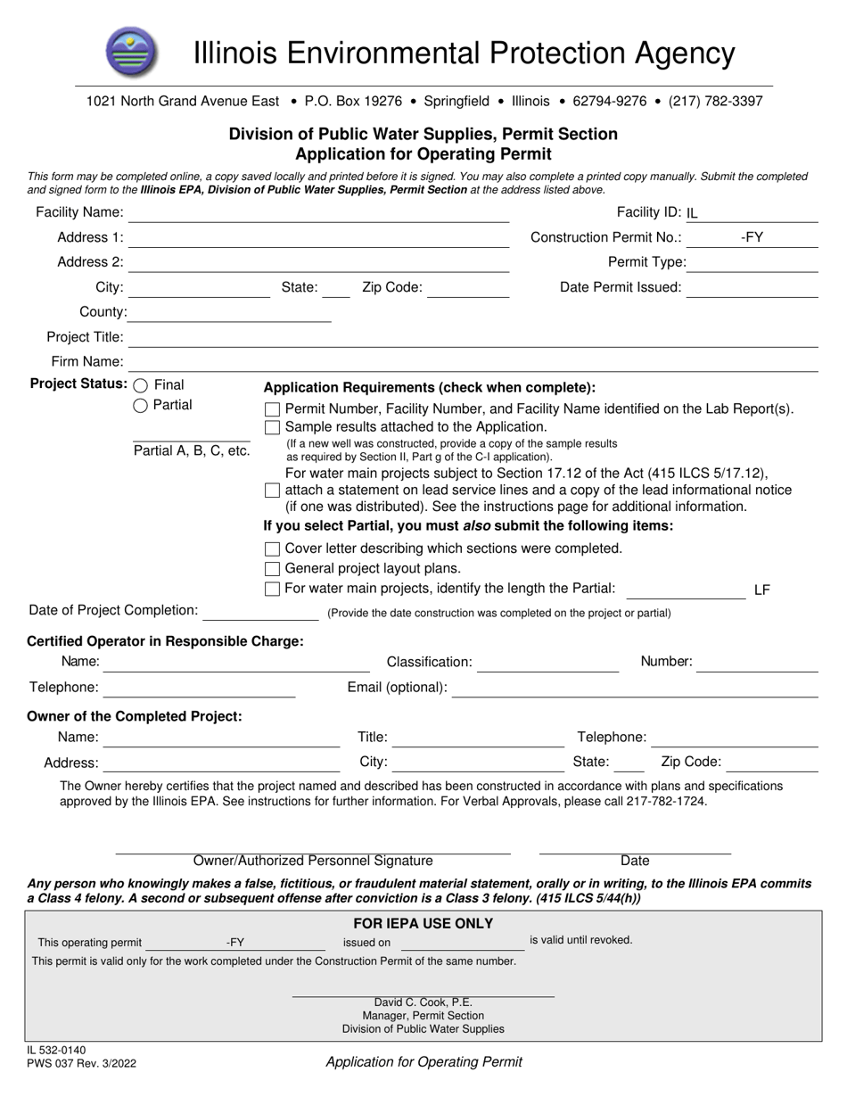 Form IL532-0140 (PWS037) Application for Operating Permit - Illinois, Page 1