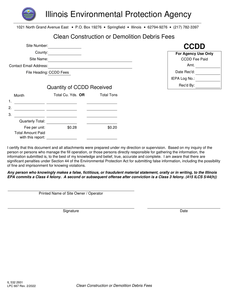 Form IL532 2931 (LPC667) Clean Construction or Demolition Debris Fees - Illinois, Page 1
