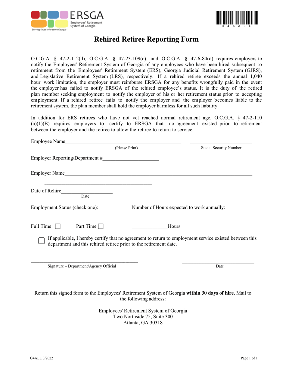 Form G4ALL Rehired Retiree Reporting Form - Georgia (United States), Page 1