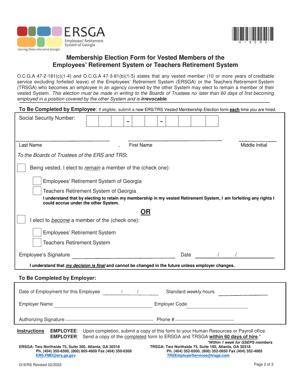 Form G1ERS Membership Election Form for Vested Members of the Employees Retirement System or Teachers Retirement System - Georgia (United States), Page 2