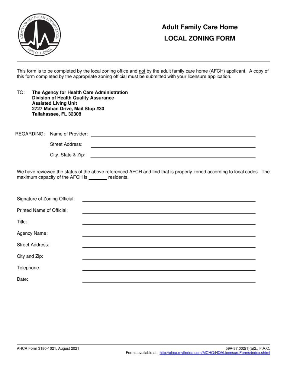 AHCA Form 3180-1021 Local Zoning Form - Adult Family Care Home - Florida, Page 1