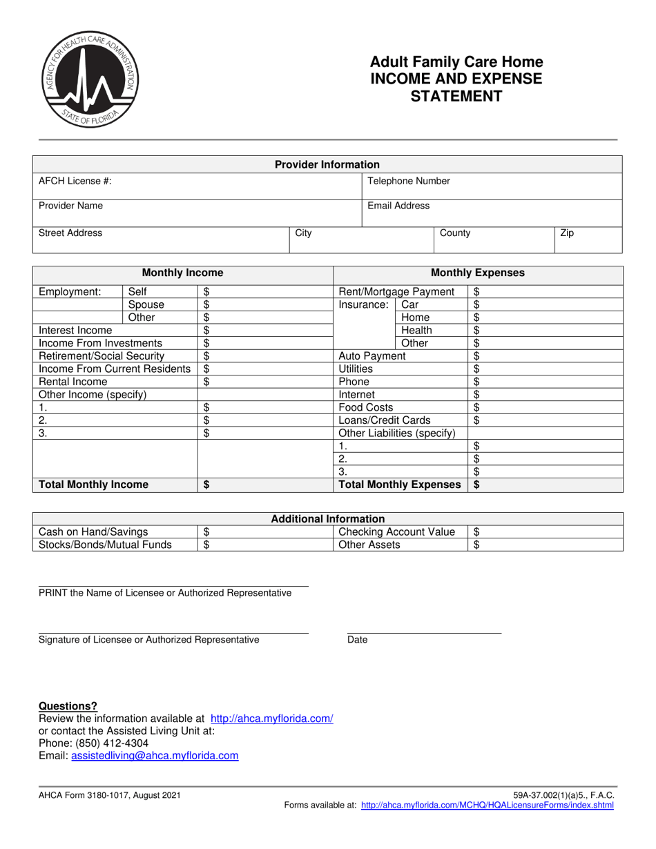AHCA Form 3180-1017 Adult Family Care Home Income and Expense Statement - Florida, Page 1