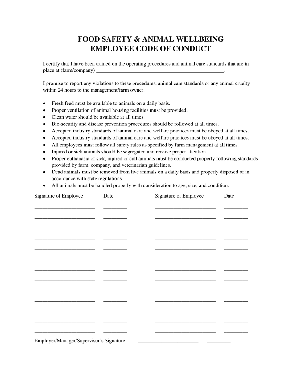Food Safety  Animal Wellbeing Employee Code of Conduct - Indiana, Page 1