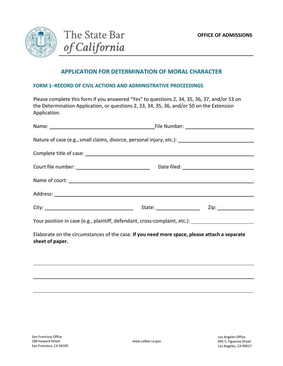 Form 1 Application for Determination of Moral Character - Record of Civil Actions and Administrative Proceedings - California, Page 1