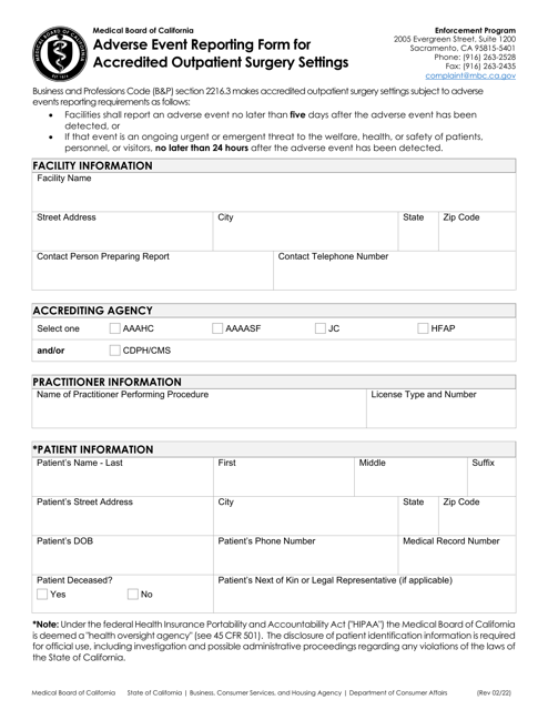 Adverse Event Reporting Form for Accredited Outpatient Surgery Settings - California Download Pdf