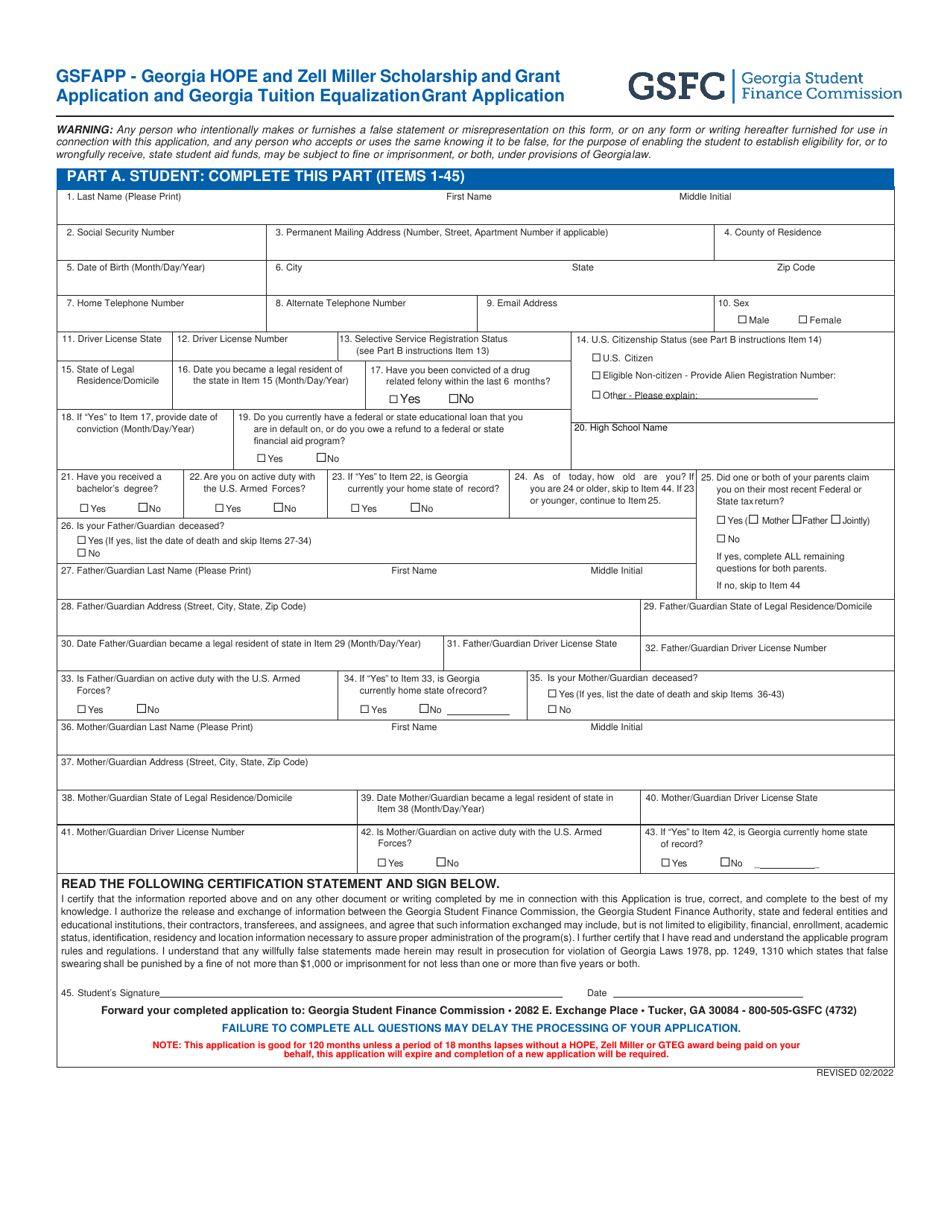 Georgia Hope and Zell Miller Scholarship and Grant Application and Georgia Tuition Equalization Grant Application - Georgia (United States), Page 1