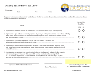 Document preview: Form ESE480 Dexterity Test for School Bus Driver - Florida