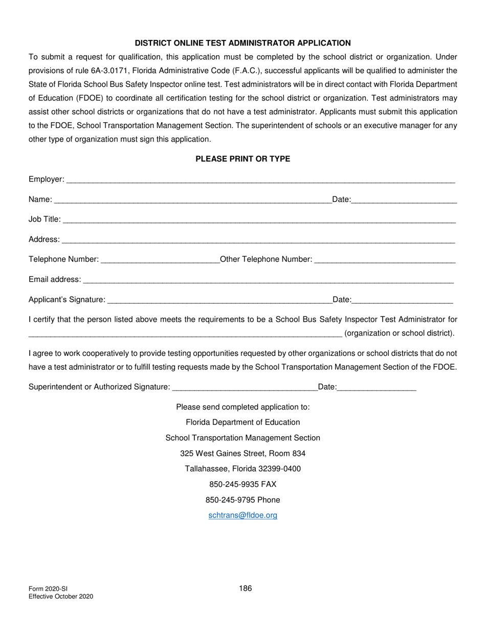 Form 2020-SI School Bus Safety Inspector Application - Florida, Page 1